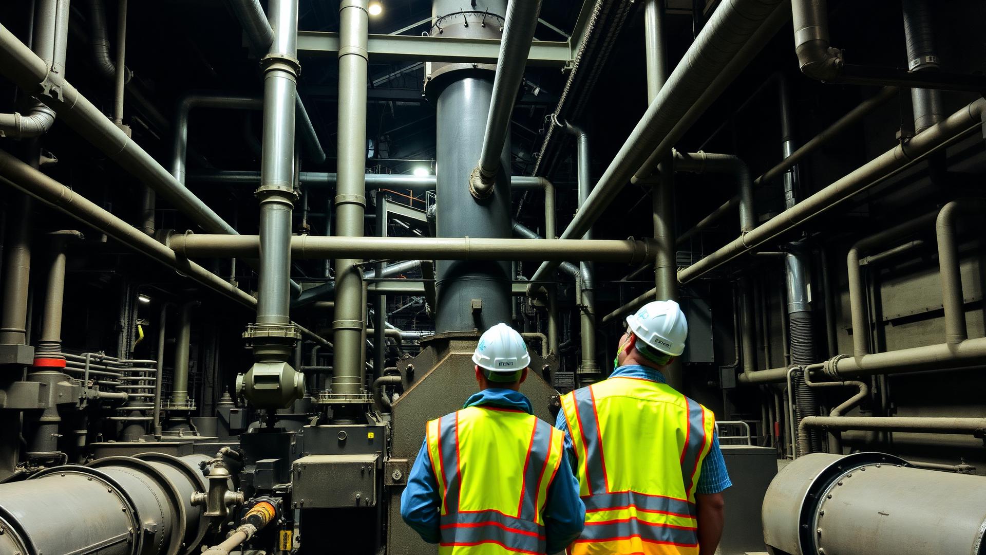 Planta industrial con trabajadores usando equipo de protección personal